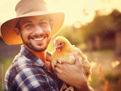farmer man, chicken and portrait outdoor in field, healthy animal or sustainable care for livestock at agro job. Poultry entrepreneur, smile and bird in nature, countryside or agriculture photo