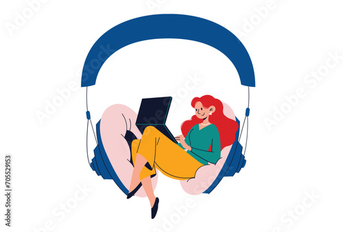 Podcast Concept Illustration. Woman Enjoy Listening to Podcast