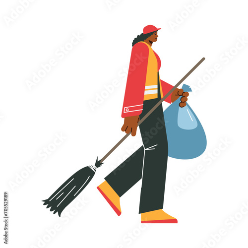 Woman cleaner or street cleaning service worker, vector illustration isolated.