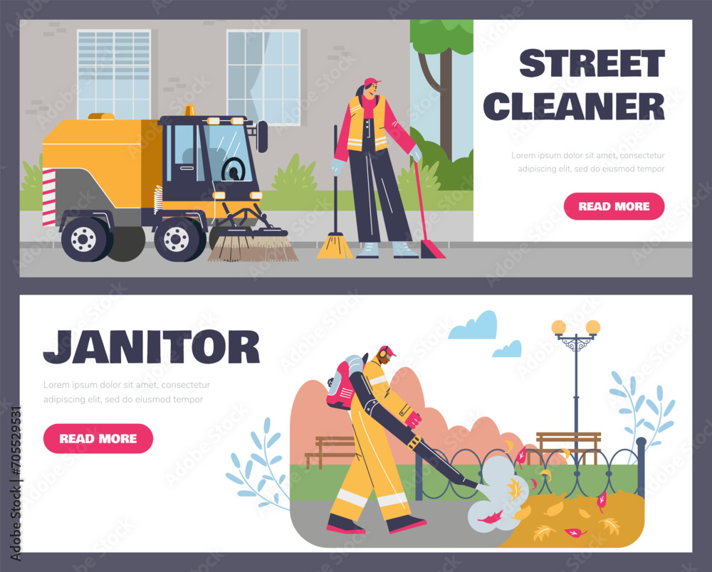 Street cleaning and janitorial services banners or flyers vector illustration.