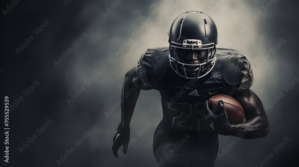 American football player running with ball in hand, black foggy background