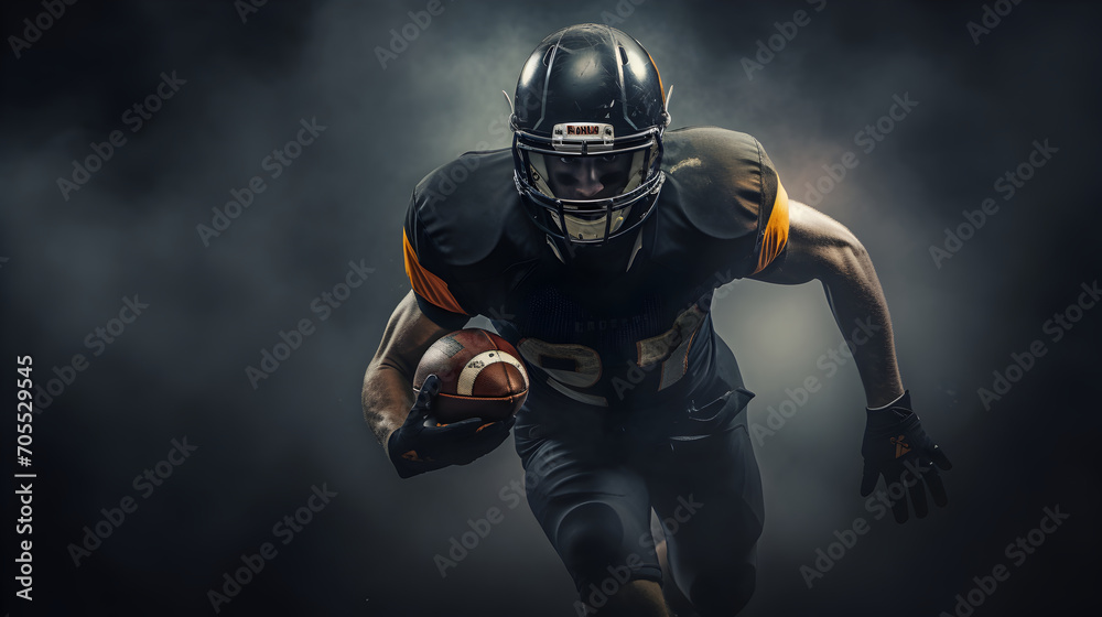 American football player runs holding ball in hand, black foggy background