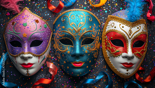 Three Elegant Carnival masks different colors with glitters and serpantines on table. Festival, theatre concept. Festive banner