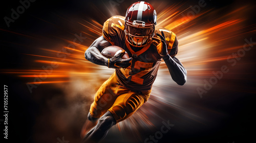 American football player runs in speed with ball in hand, high speed motion blur background