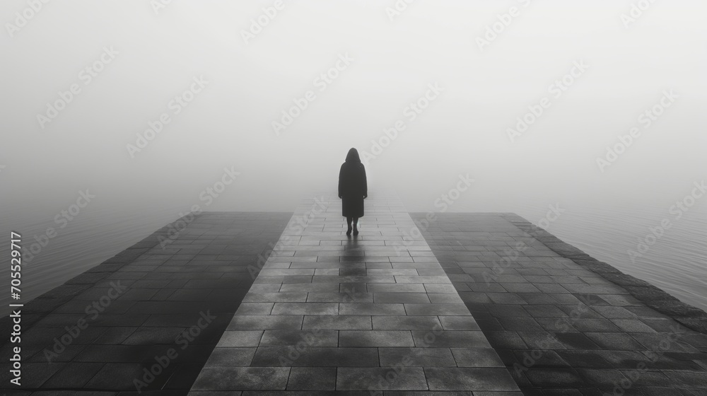 Inspirational photo background of a person standing alone on a calm foggy and misty lake creating a dreamy, ethereal atmosphere. Generative AI