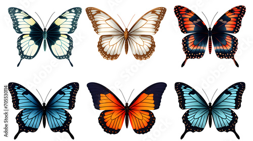 Six butterflies set on white isolated background
