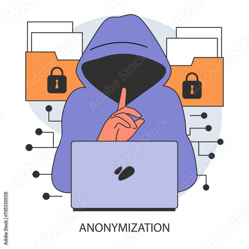 Anonymization. Anonymous unrecognizable profile. Online privacy and personal data protection. Confidential information. Flat vector illustration