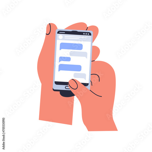 Online chat, messages on mobile phone screen. Hand holding smartphone, textin...