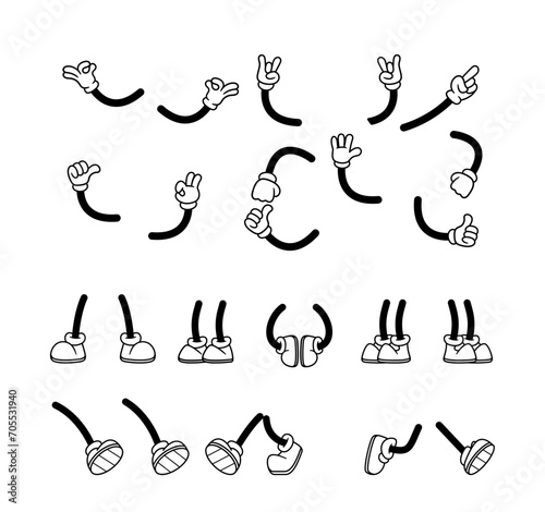 Hands And Legs Set In Whimsical Retro Cartoon Style, Each Possessing Quirky Charm. Playful Lines And Monochrome Colors