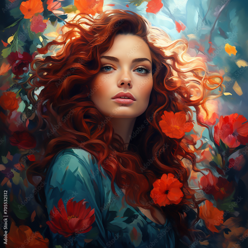 A mesmerizing digital painting featuring a radiant woman with wavy hair, immersed in a tapestry of vibrant and bright impressionistic colors, creating an expressive oil-inspired po