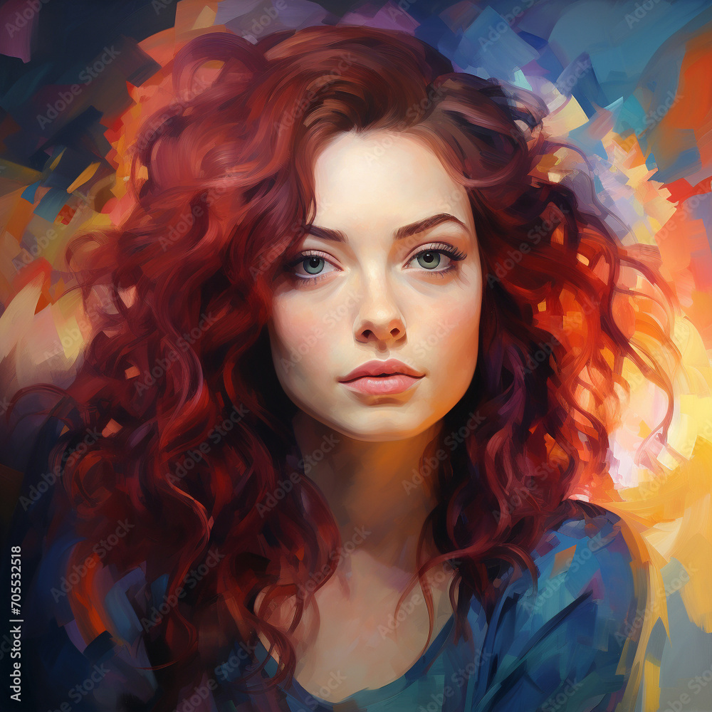 A mesmerizing digital painting featuring a radiant woman with wavy hair, immersed in a tapestry of vibrant and bright impressionistic colors, creating an expressive oil-inspired po