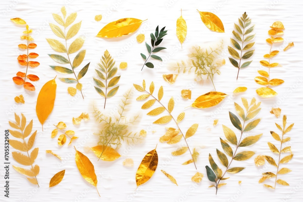 gold foil with pressed plant leaves gold foil with pressed plant leaves