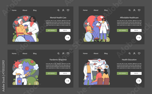 Healthcare web or landing set. Compassionate mental health support, accessible and affordable healthcare, proactive pandemic response, and educational health programs. Flat vector illustration.