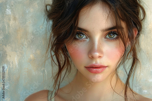 An artistically composed depiction of a girl with expertly applied makeup, the photo-like quality highlighting her features against a neutral backdrop, creating a visually appealin photo