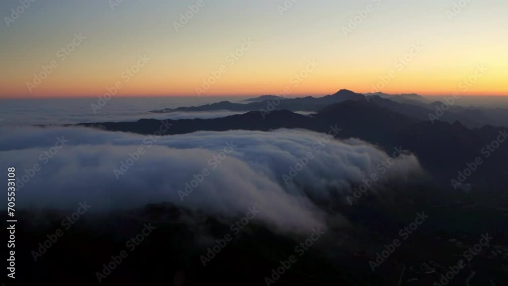 Aerial Lockdown Scenic View Of Clouds Moving Over Mountains During Tranquil Sunset - Malibu, California Aerial Lockdown Scenic View Of Clouds Moving Over Mountains During Tranquil Sunset - Malibu, California
