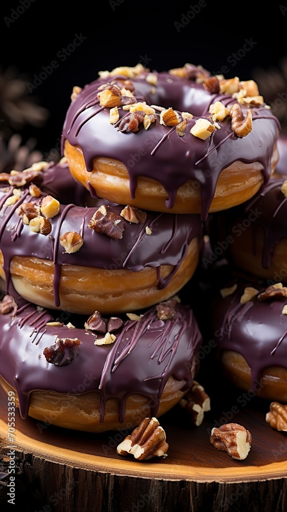 Several chocolate donuts on a dark background with nuts ,Chocolate day, Valentines Day, Valentines week 