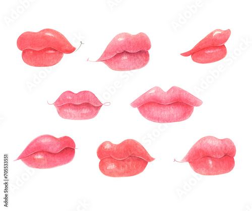 Collection of beautiful realistic lips, watercolor illustration, isolated.