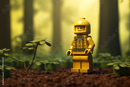 A charming Lego-style illustration featuring a little Lego man enjoying a quiet day in a park, surrounded by nature and simplicity, creating a visually captivating and laconic 3:2 photo