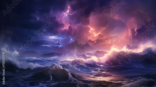 depicted in majestic sea settings  roaring waves  towering shining presences  stormy weather  dramatic lighting