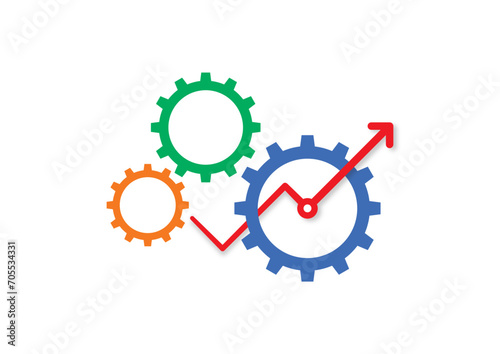 orange, green and blue cogs and growing arrow symbol. red arrow and colored industrial wheels. growth concept for industry, education