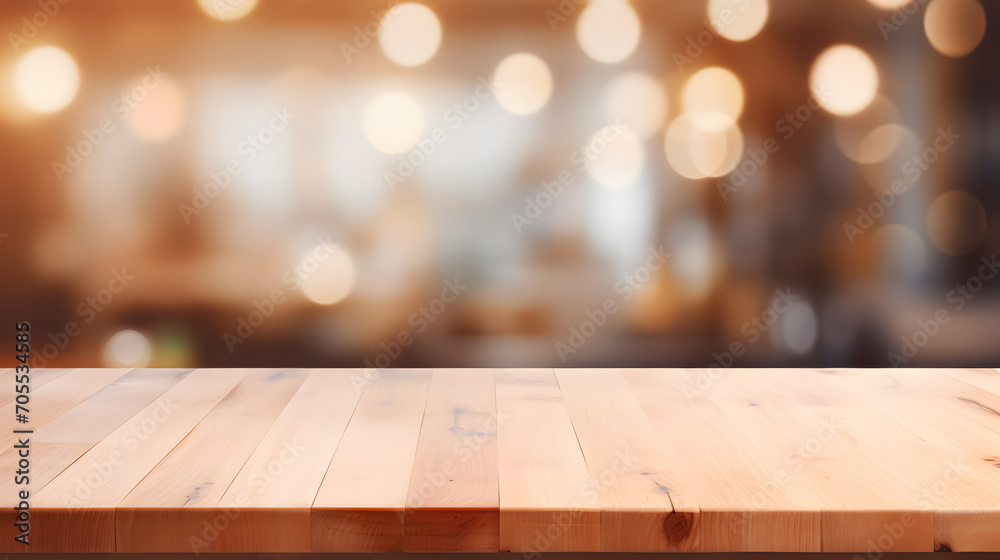 Empty beautiful wood table top counter and blur bokeh modern kitchen interior background in clean and bright,Banner, Ready for product montage. Generative AI illustration 