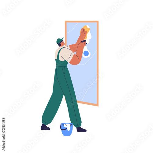 Cleaner cleaning mirror with cloth and spray detergent. Wiping glass with clean napkin, tissue. Professional cleanup service worker. Flat graphic vector illustration isolated on white background