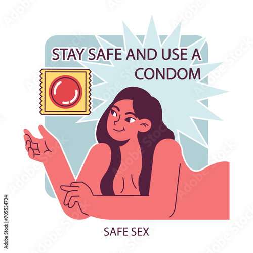 World AiDs day. Woman using a condom during sex or intercourse. HIV, immunodeficiency virus transmission prevention. Dangerous disease awareness. Flat vector illustration