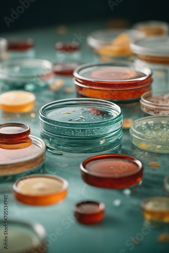 Various microorganisms in petri dishes on a blue background.