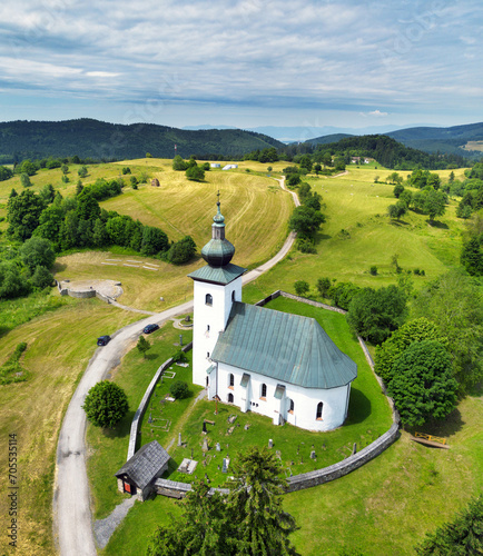 Quadro em tela Aerial view of the church, the Slovak geographical center of Europe in the local