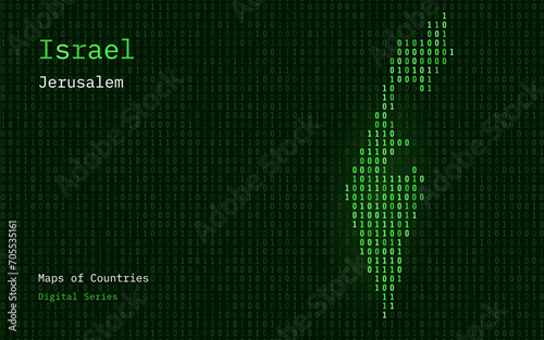 Israel Map Shown in Binary Code Pattern. TSMC. Green Matrix numbers, zero, one. World Countries Vector Maps. Digital Series