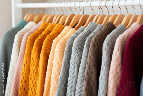 Stylish boutique with a varied collection of warm knitted clothing in soft colors.