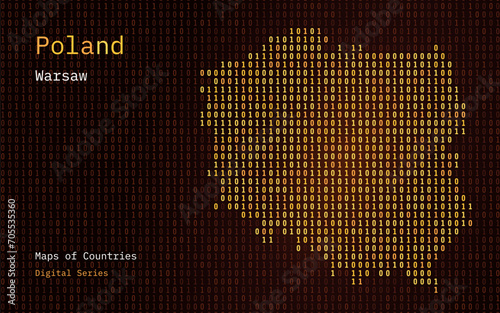 Poland Map Shown in Binary Code Pattern. Gold Matrix numbers, zero, one. World Countries Vector Maps. Digital Series