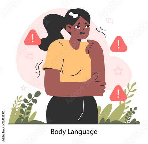 Neurosis. Scared woman body language, suffering from chronic stress and anxiety. Professional burnout, breakdown and psychological tension. Flat vector illustration