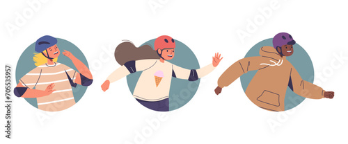 Isolated Vector Icons Or Avatars Of Cartoon Joyful Skater Kid Characters In Helmets, Exude Happiness And Playful Spirit
