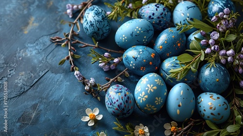 Coloured blue eggs. Blue easter eggs on blue background. Easter eggs with flowers.