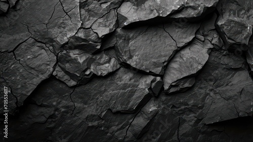 A textured black stone background crafted from the rough, dark grey surface of a mountain, complete with cracks and ample space for creative design photo