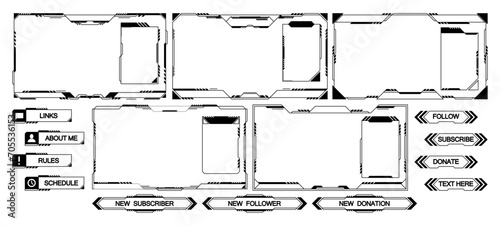 Monochrome Game Stream Panels. Twitch Streaming Overlay Frames For Gamers Leaderboard, Digital Screen