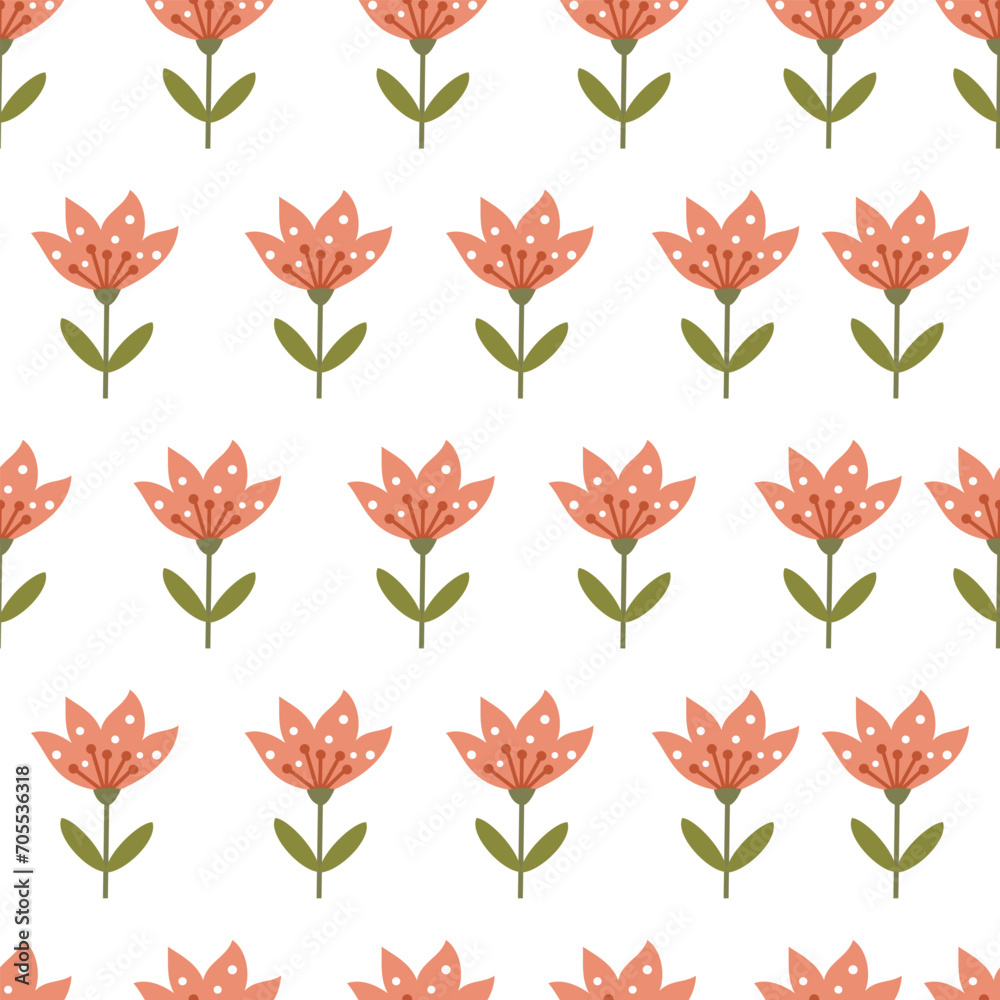 Seamless vector pattern in minimalistic style. Cute pink flowers in naive art. . Vector illustration Seamless vector pattern in minimalistic style. Cute pink flowers in naive art. . Vector illustration