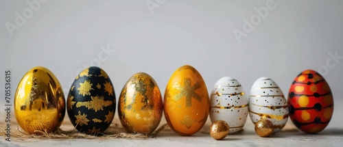Golden coloured eggs on isolated white background. Colourful easter eggs standing in a row.