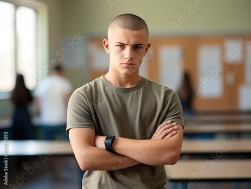 serious european high school student guy with Cropped Buzz Haircut standing in classroom with arms crossed.