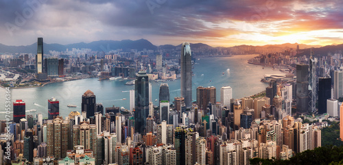 Hong Kong skyline at dramatic sunrise, Victoria harbour © TTstudio