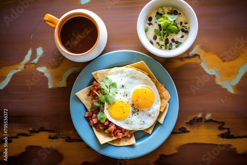 huevos rancheros breakfast with a cup of black coffee