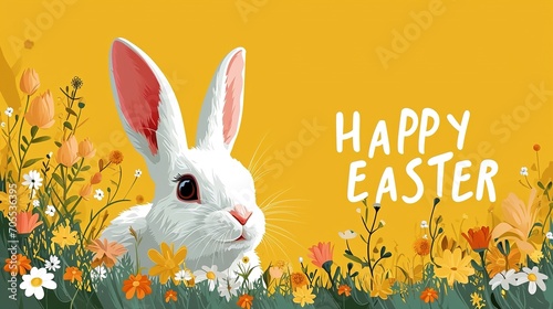 Purple and yellow ester postcard. Happy easter banner with bunny. Cute bunny on yellow background.