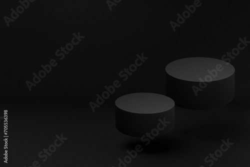 Two black round podiums levitate, set, mockup on black background with shadow. Template for presentation cosmetic products, gifts, goods, advertising, design, display, showing in rich modern style.
