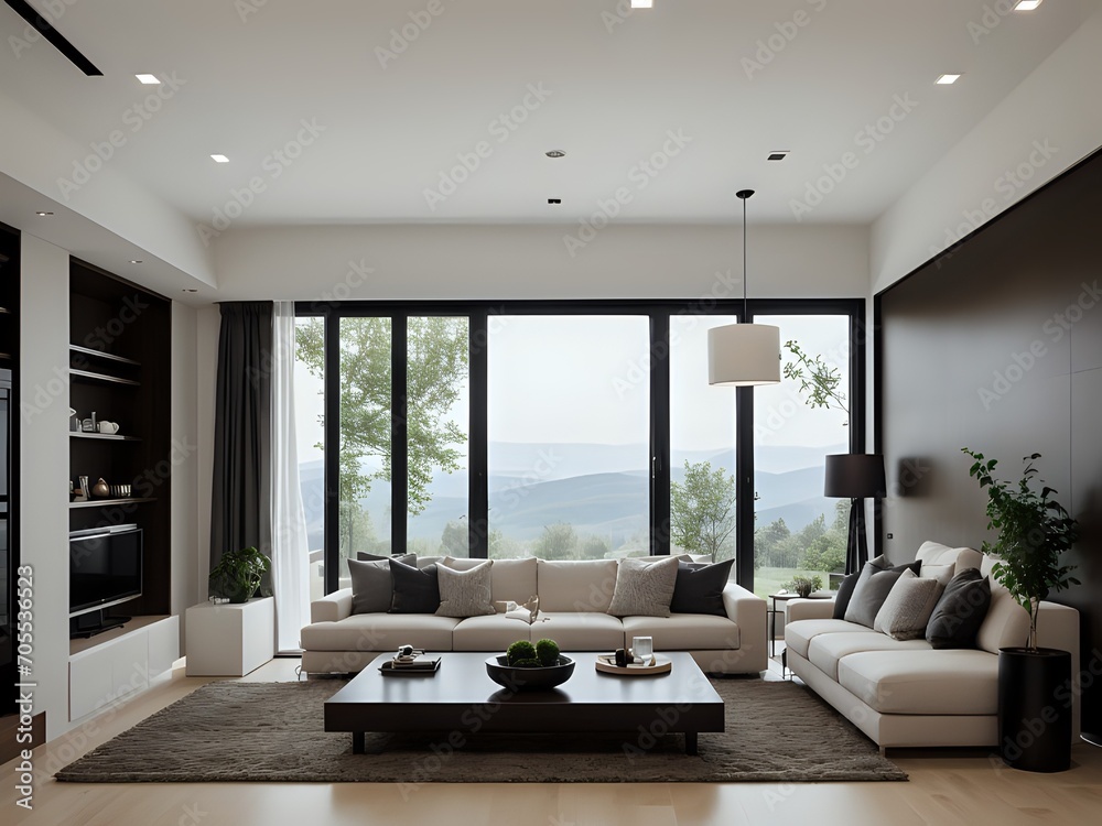 Image showcasing White beautiful apartment. panoramic window,scandinavian ...