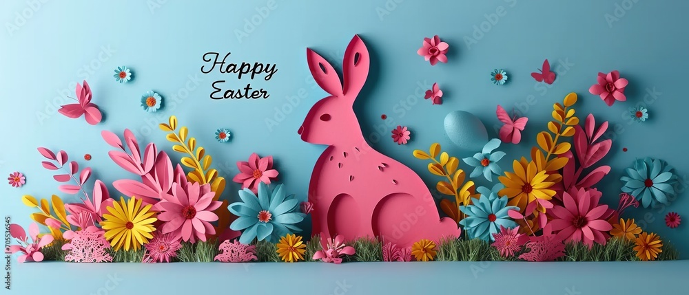 Paper cut out of easter bunny for background. Pink easter rabbit on isolated blue background.
