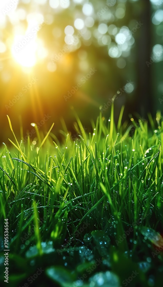 Natural grass field background with blurred bokeh and sun rays. Closeup of green grass with sun.