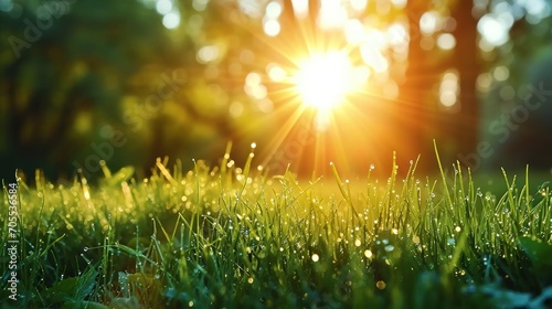 Closeup photo of green grass in the morning. Grass on field with blurred sun on the background.
