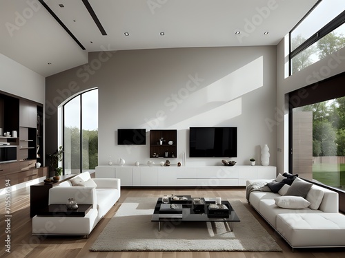 White beige tones minimalist modern table and mirrorsinterior design. white sofa and armchair memphis design luxurious interiorconsole and propluxury home beautiful house3d render. 