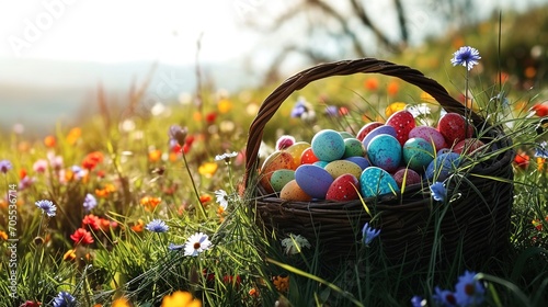 Basket with painted easter eggs. Easter basket on spring field. Colourful easter eggs in a basket. photo